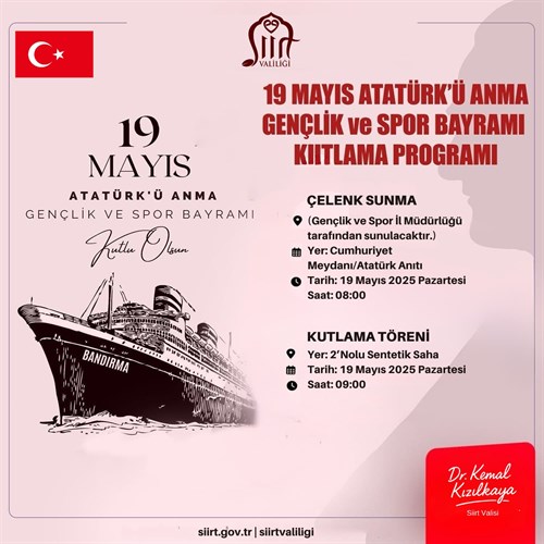 SİİRT'TE 19 MAYIS ATATÜRK’Ü ANMA, GENÇLİK VE SPOR BAYRAMI TÖRENLERLE KUTLANACAK